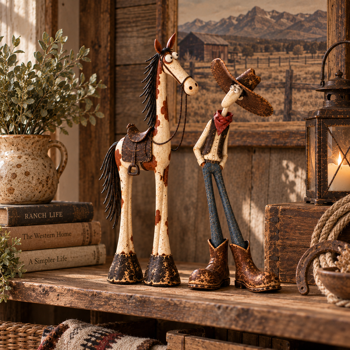 🤠🐴Whimsical Western Cowboy & Horse Figurine Duo