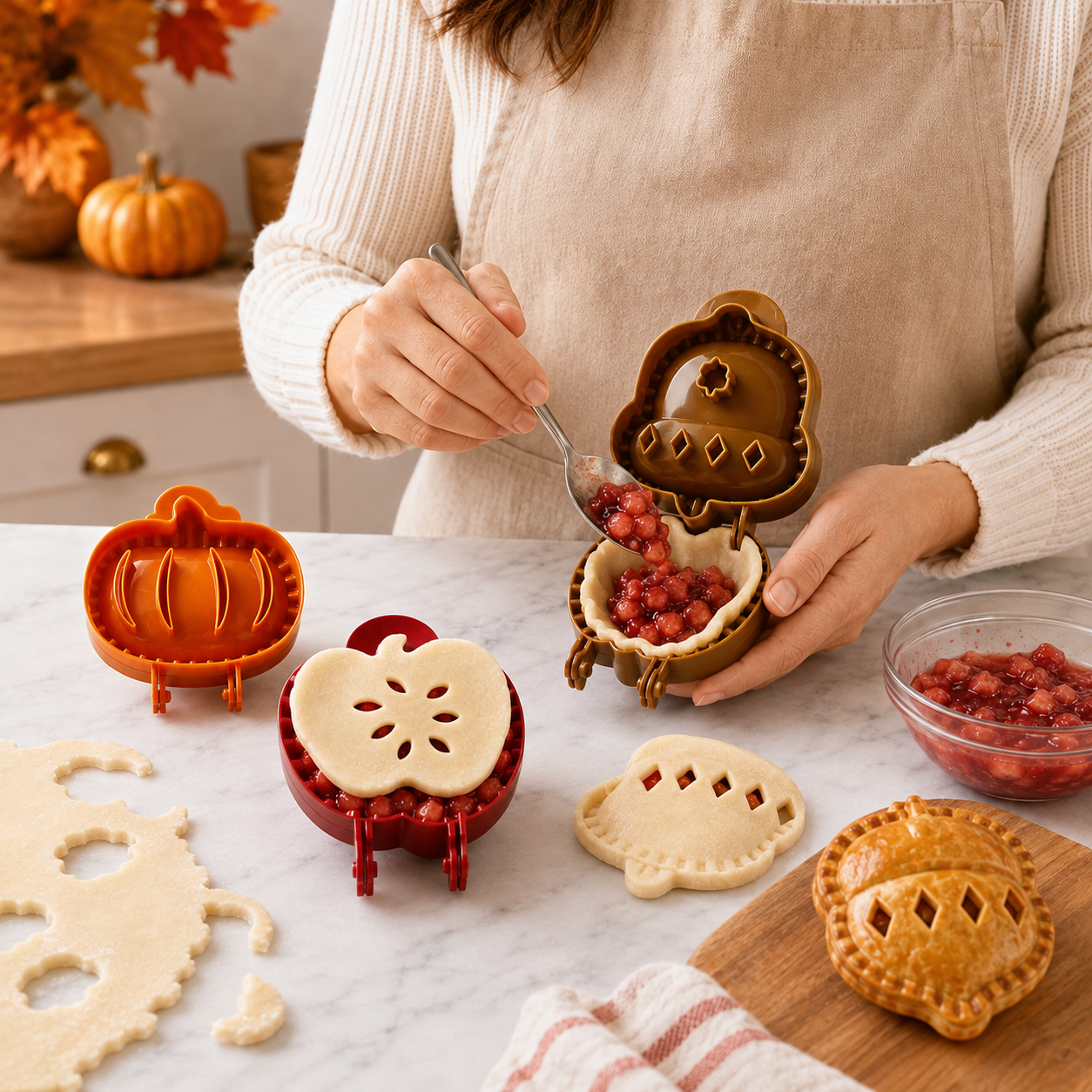 🍎 Fall Hand Pie Molds Set of 3 – Autumn Pumpkin, Apple & Acorn Dough Pressing Stamp Moulds for Thanksgiving & Christmas Baking ✨