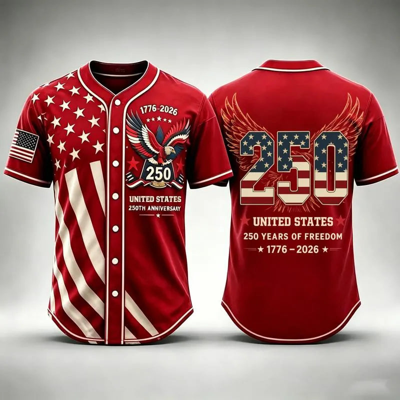 Men's USA 250th Anniversary Baseball Jersey Patriotic American Flag Eagle Button Down Shirt 1776-2026