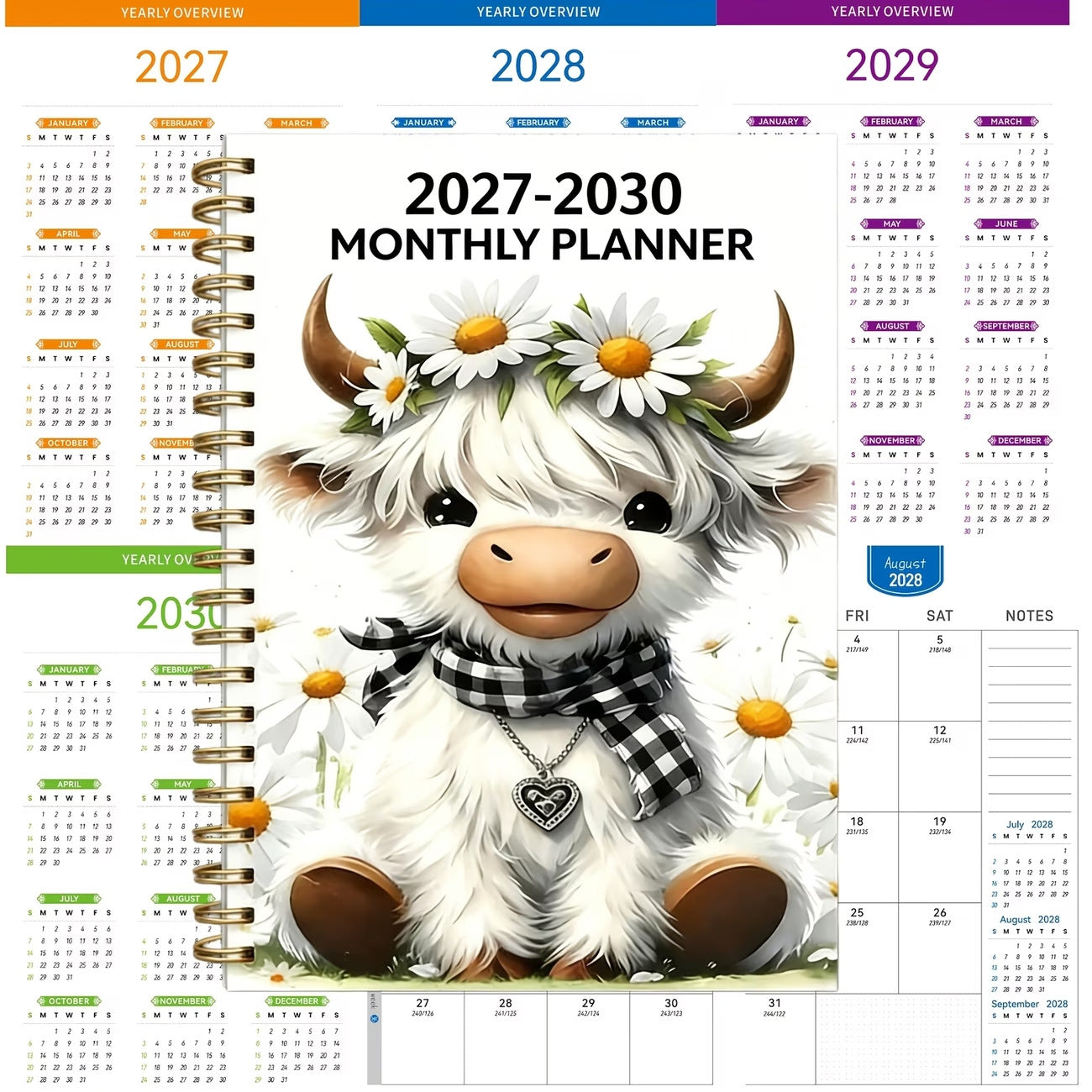 🐮 2026-2030 Calendar 📅  - From January 2026 to December 2030, 5-year calendar, cartoon Highland cow themed cover design, annual calendar planning, month labels, 60-month calendar