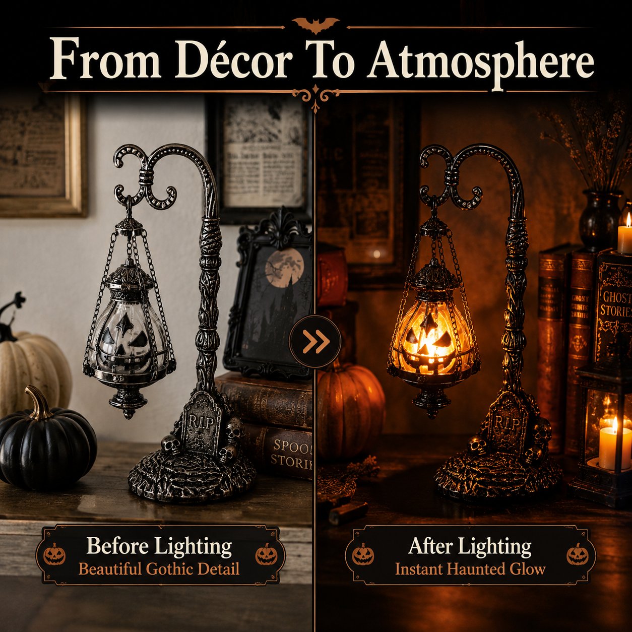💥🏆 Gothic Pumpkin Lantern Stand | Warm Orange LED Glow, Victorian Skull Details & Haunted Shelf Decor 🕯️