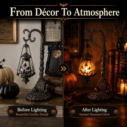 💥🏆 Gothic Pumpkin Lantern Stand | Warm Orange LED Glow, Victorian Skull Details & Haunted Shelf Decor 🕯️