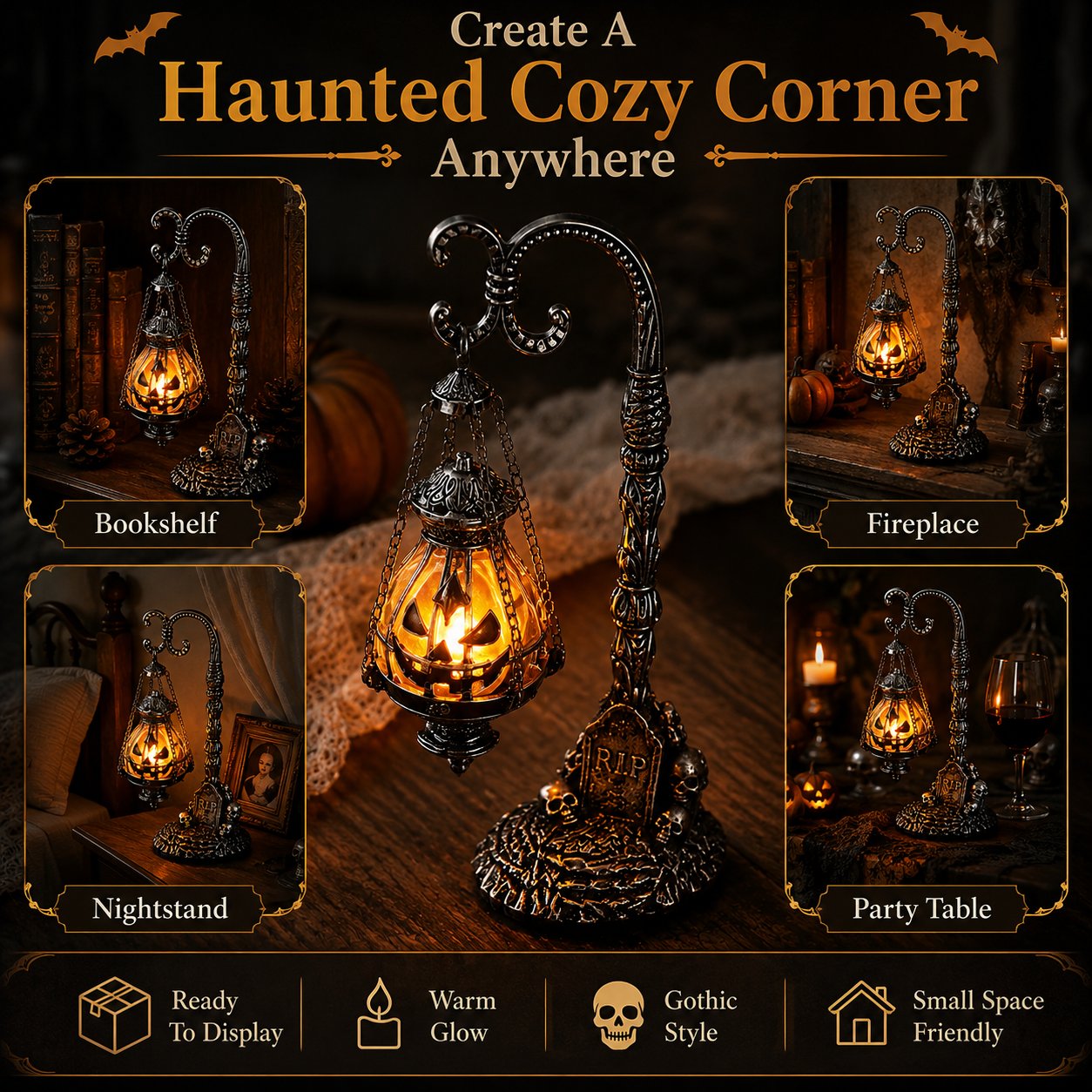 💥🏆 Gothic Pumpkin Lantern Stand | Warm Orange LED Glow, Victorian Skull Details & Haunted Shelf Decor 🕯️