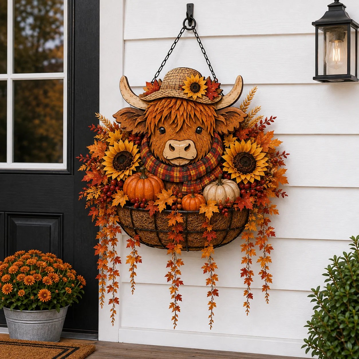 🐮🎃 Highland Cow Fall Hanging Basket with Warm LED Lights – Rustic Autumn Porch Decor & Farmhouse Welcome Accent