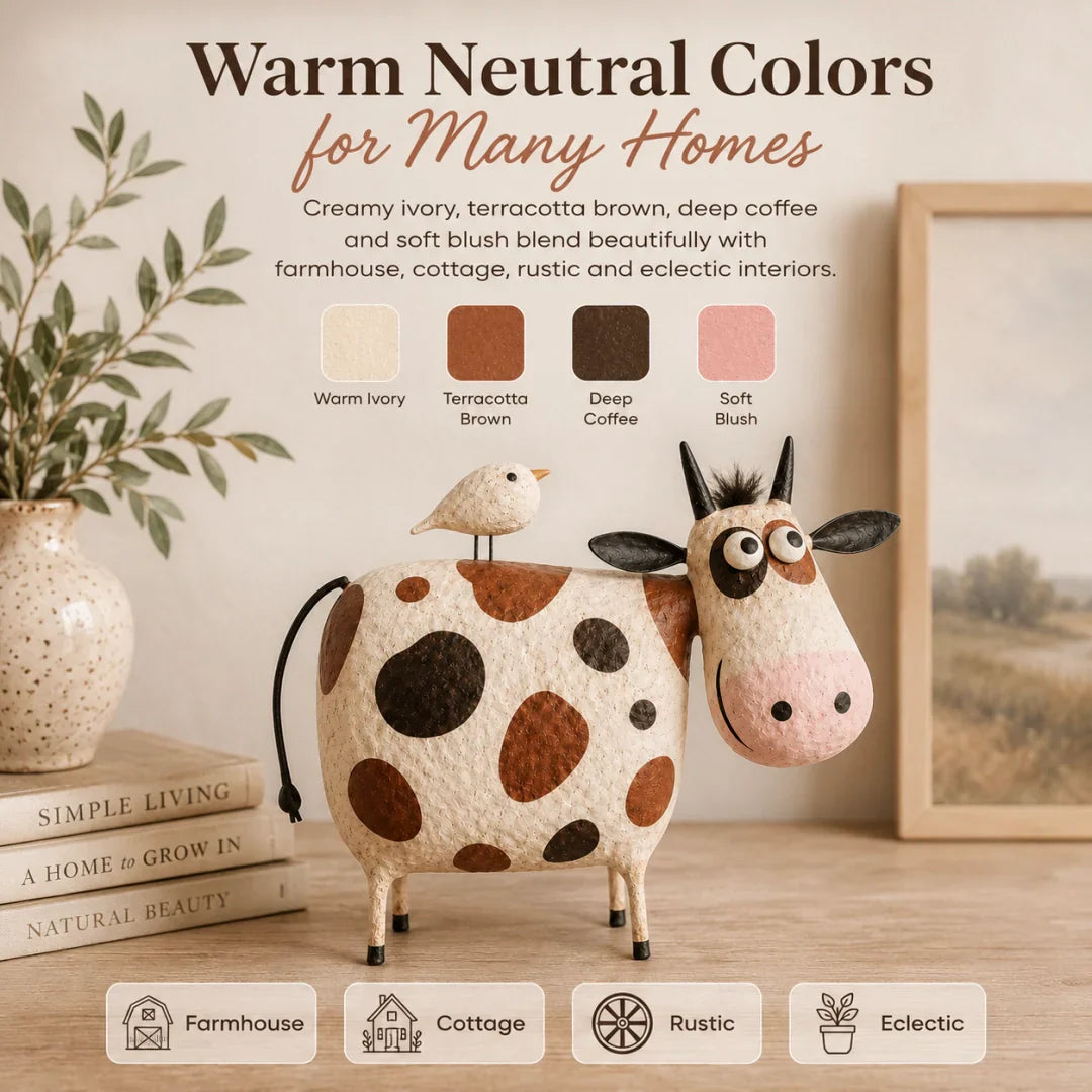 Whimsical Cow & Bird Folk Art Figurine – Rustic Farmhouse Tabletop Decor Gift