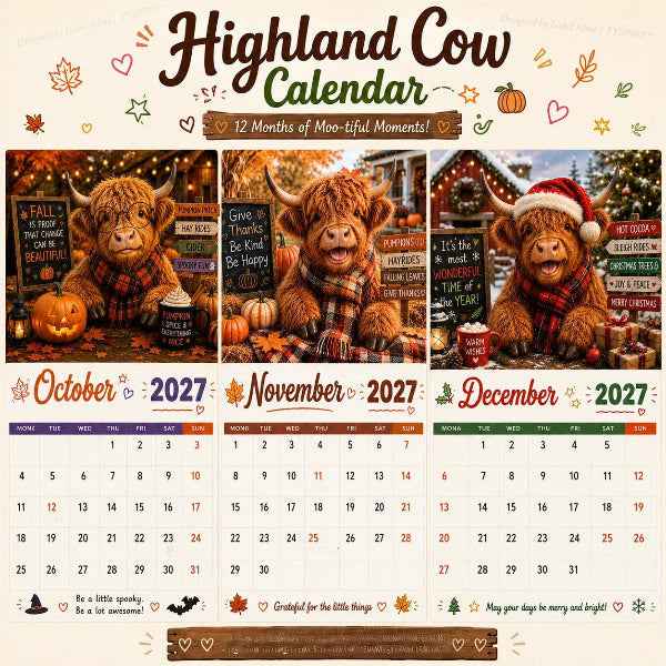 2027 Funny Highland Cow Wall Calendar | A4 Hanging Calendar | Designed by Isabel Kline