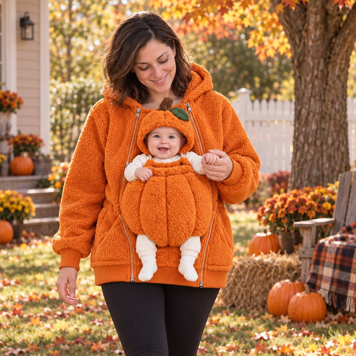 Cozy Pumpkin Baby Carrier Hoodie – Halloween Fleece Kangaroo Sweatshirt for Mom & Baby Autumn Outfits