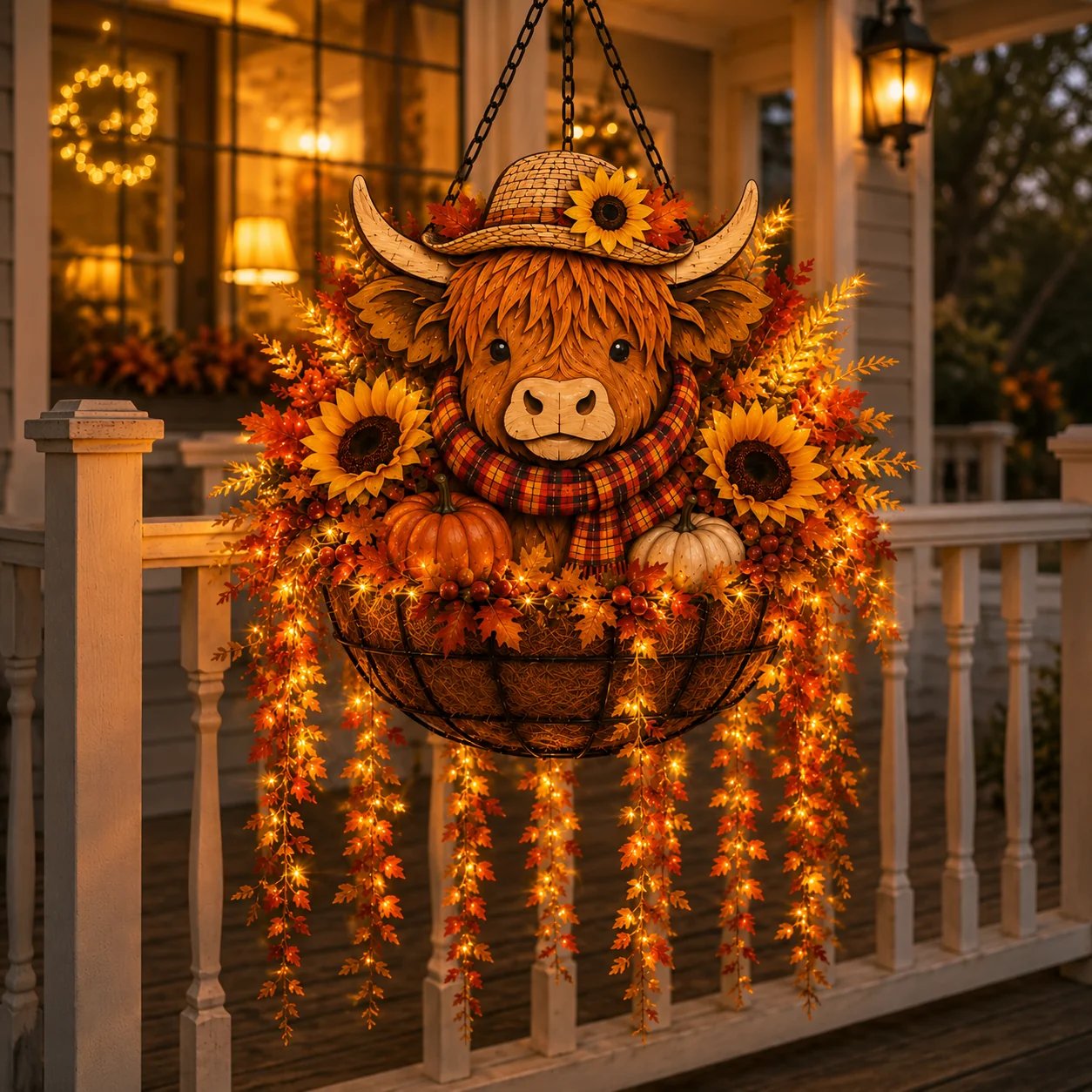 🐮🎃 Highland Cow Fall Hanging Basket with Warm LED Lights – Rustic Autumn Porch Decor & Farmhouse Welcome Accent
