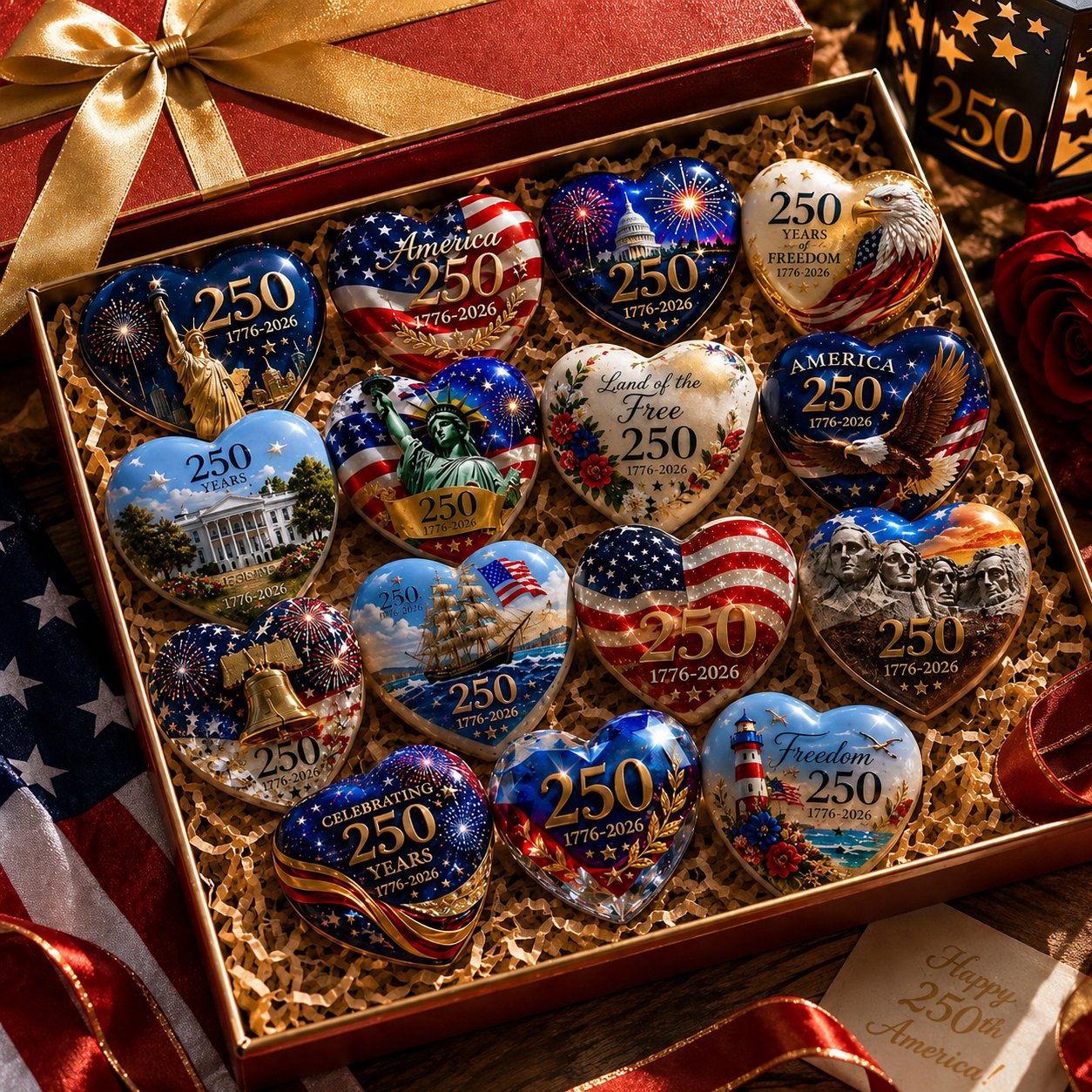 🇺🇸 America 250th Anniversary Commemorative Heart Ornament Collection | 15-Piece Patriotic Keepsake Set