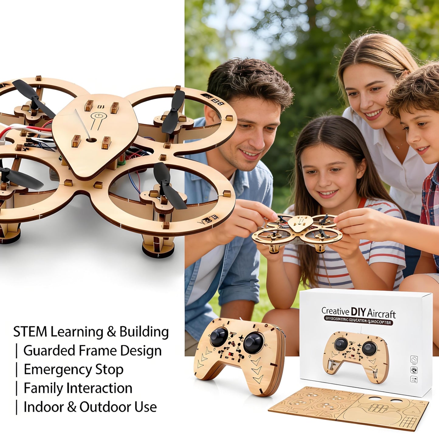 💥🏆Top Gift 2026 🎁 DIY Wooden Drone Assembly Kit, 2.4GHz RC Quadcopter with 360° Flip, Emergency Stop & Beginner Friendly Controls, STEM Building Toy for Teens & Adults