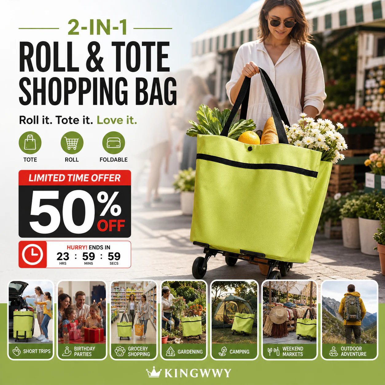 📢📢50% OFF !! ⏰Collapsible rolling shopping bag