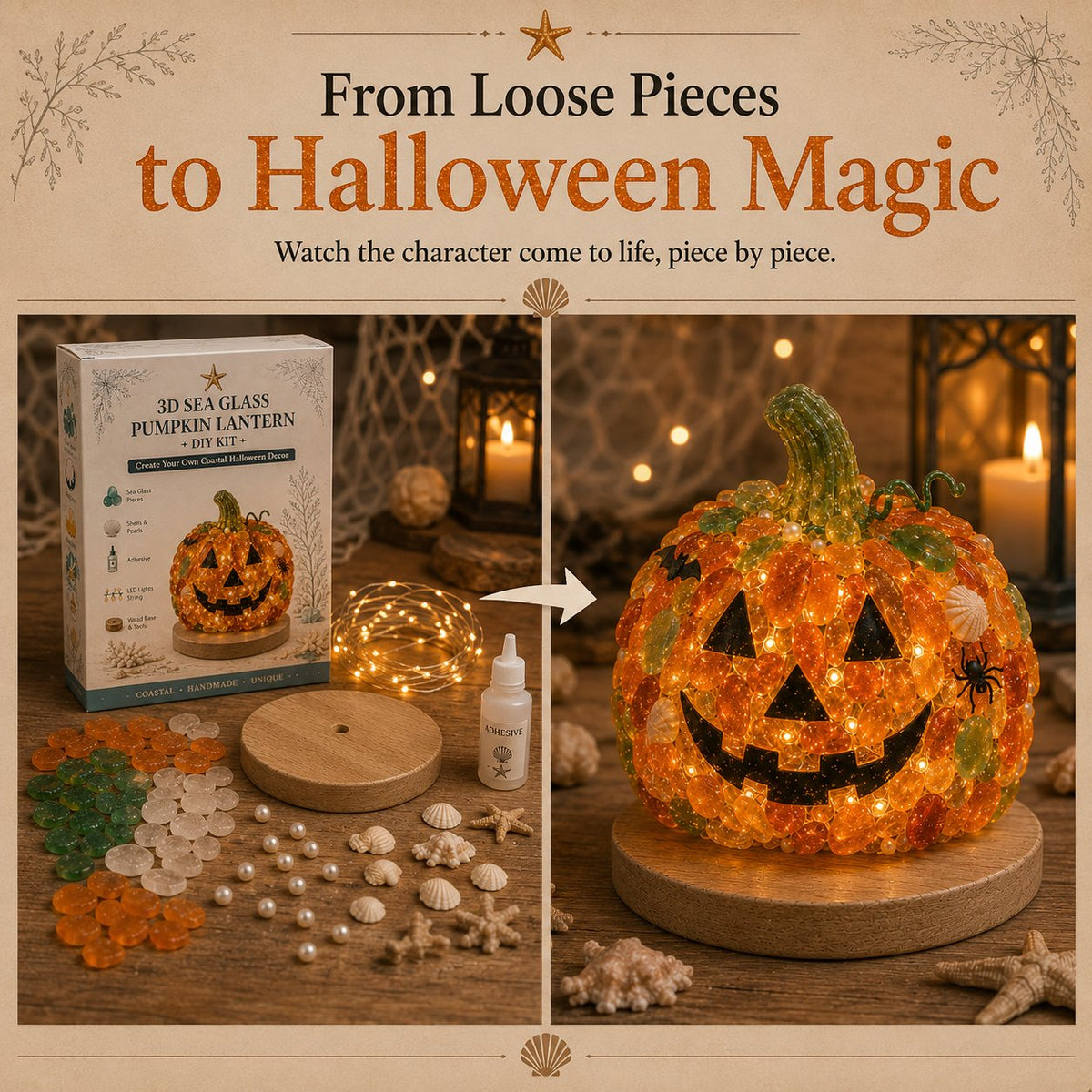 💯⏳49% OFF – 🎃 Beginner-Friendly DIY Lighted Sea Glass Halloween Character Kit Collection | Complete Kit with Sea Glass Pieces, LED Lights & Step-by-Step Guide Included 💕