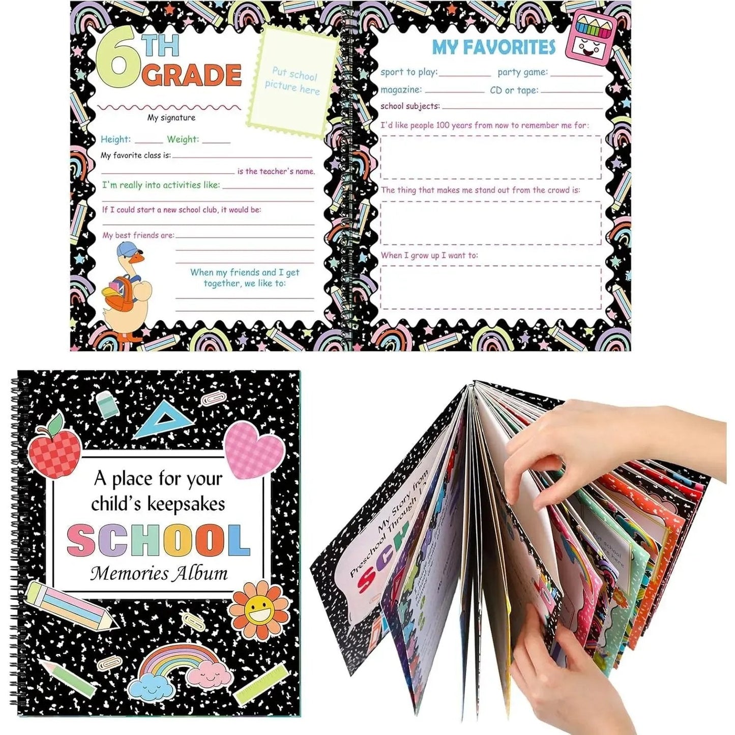📚School Memory Book Photo Album for Kids,14 Pockets, 34 Pages, 13 Years