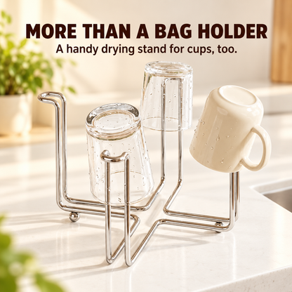 2-in-1 Foldable Kitchen Bag Holder & Cup Drying Stand