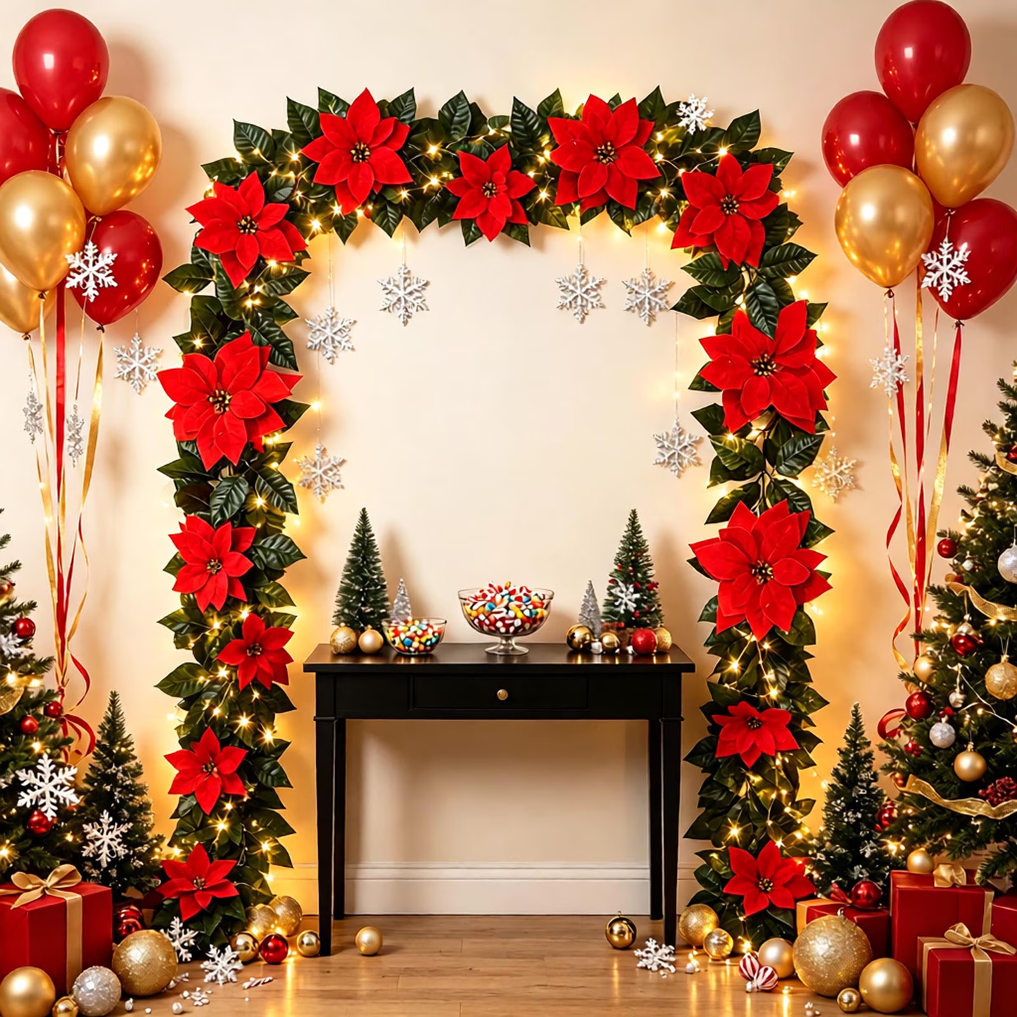 Artificial Christmas Poinsettia Garland with Green Leaves – Flexible Velvet Red Flower Vine for Fireplace, Staircase & Mantel Decor