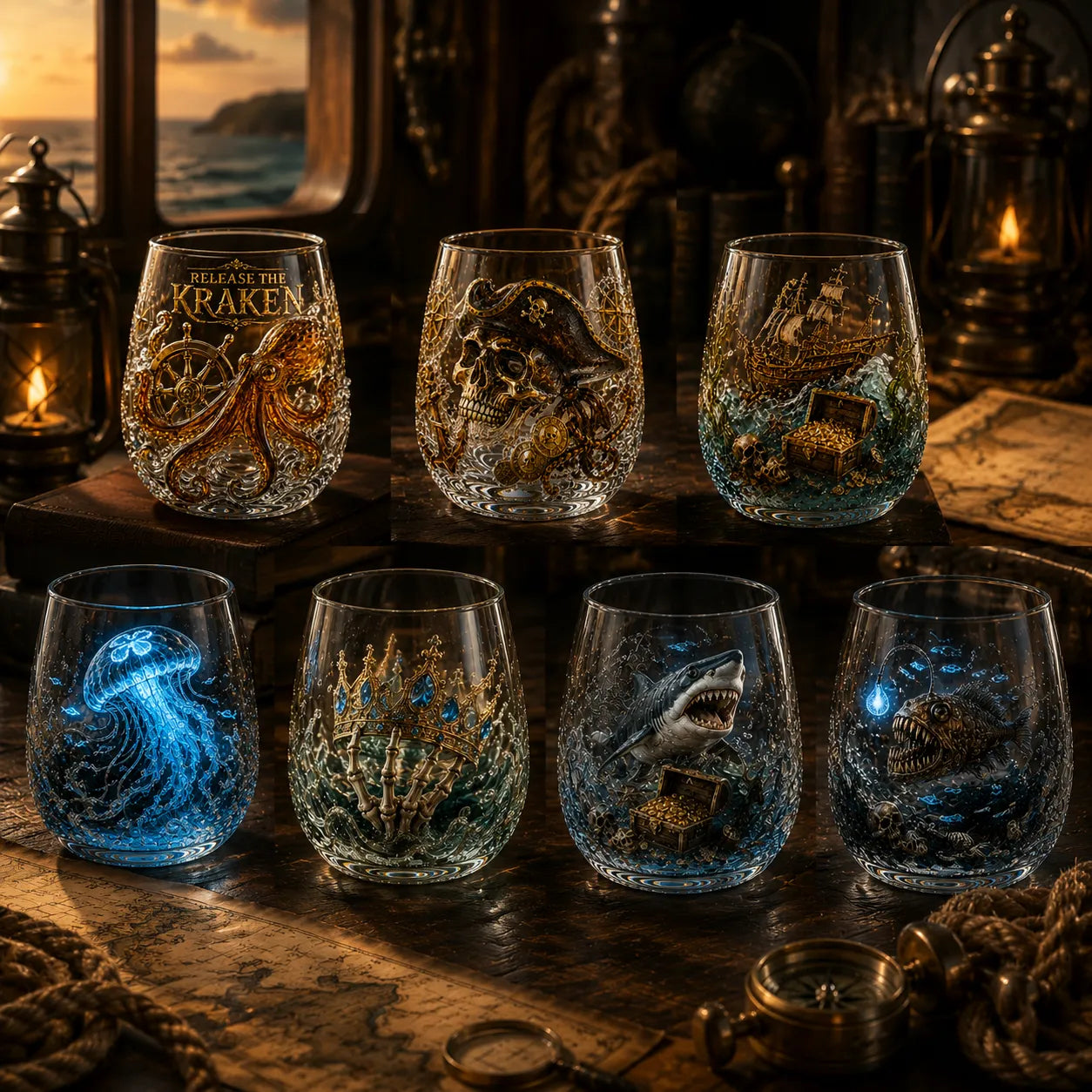 🌊 7-Piece Legendary Ocean Treasure Crystal Set for Whiskey Lovers & Home Bar Collectors ⚓✨