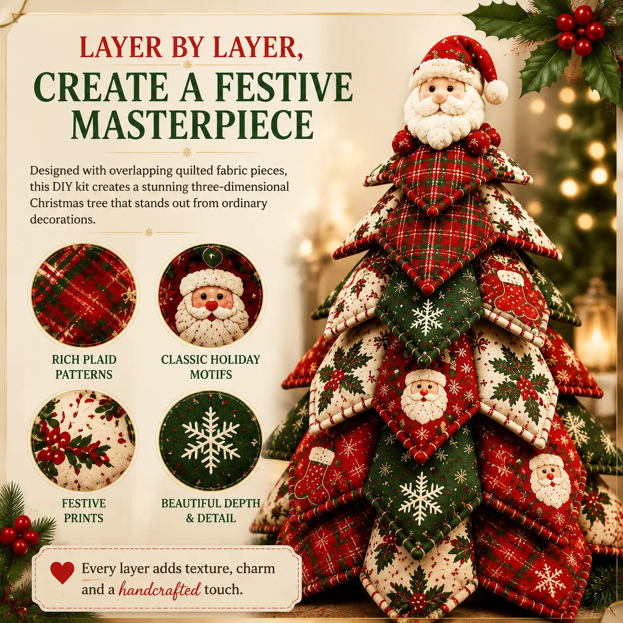 🎄🧵DIY Quilted Christmas Tree Kit – Handmade Fabric Holiday Tabletop Tree Decor