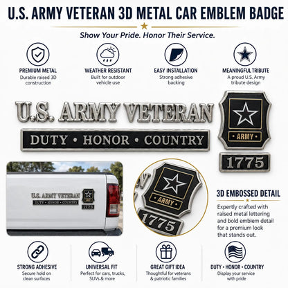 U.S. Army Veteran 3D Metal Car Emblem – Duty Honor Country Badge for Trucks & SUVs