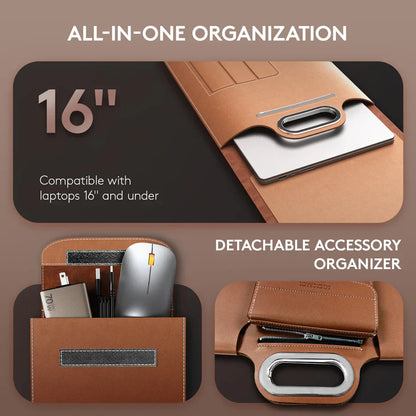 The All-In-One Mobile Workstation Sleeve | Built-In 15W Multi-Device Wireless Charger, Ergonomic Laptop Stand & Mousepad (Fits up to 16")