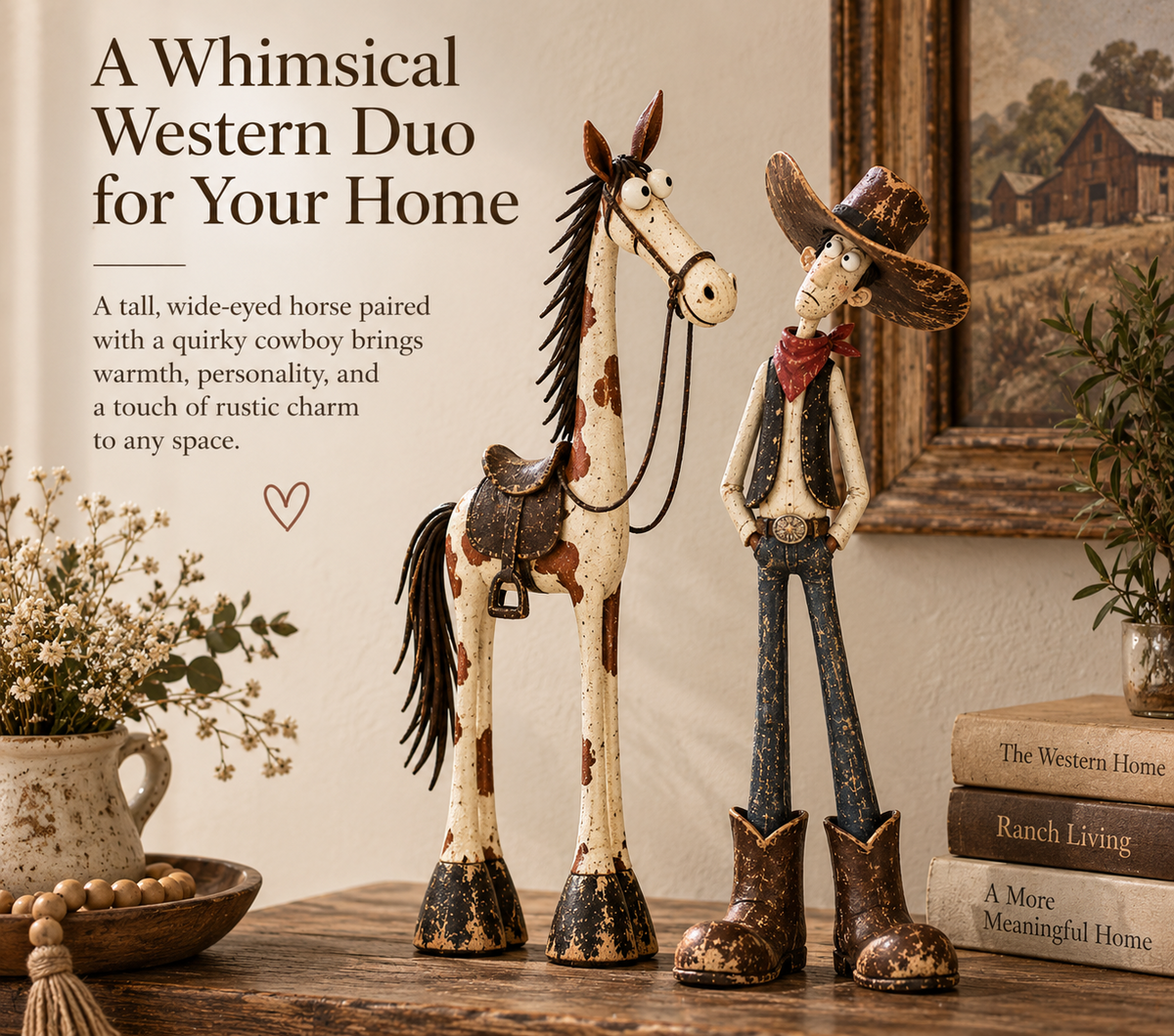 🤠🐴Whimsical Western Cowboy & Horse Figurine Duo
