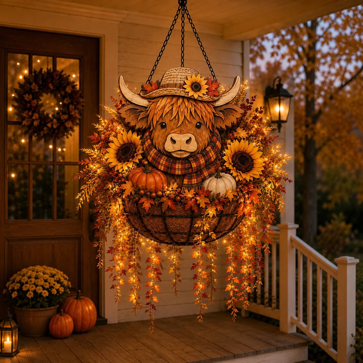 🐮🎃 Highland Cow Fall Hanging Basket with Warm LED Lights – Rustic Autumn Porch Decor & Farmhouse Welcome Accent