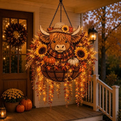 🐮🎃 Highland Cow Fall Hanging Basket with Warm LED Lights – Rustic Autumn Porch Decor & Farmhouse Welcome Accent