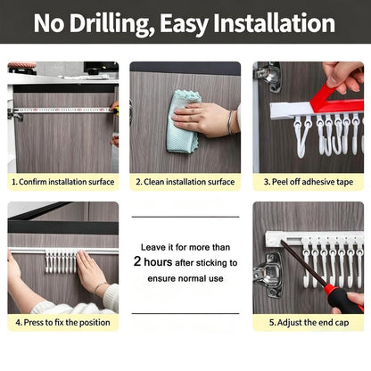Multifunctional Cabinet Sliding Hook Rack – No-Drill Space Saver with 10 Adjustable Hooks