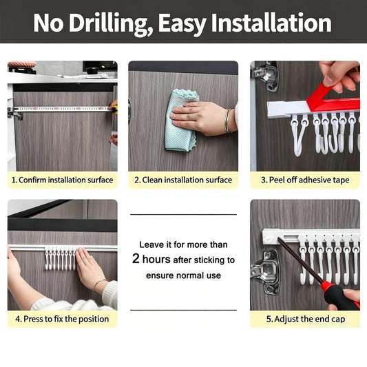 Multifunctional Cabinet Sliding Hook Rack – No-Drill Space Saver with 10 Adjustable Hooks