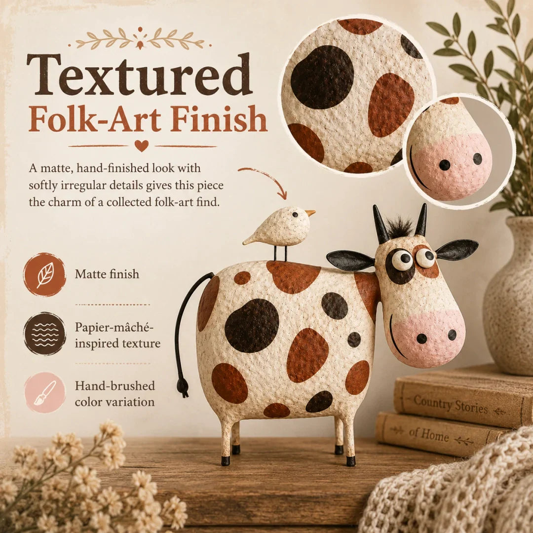 Whimsical Cow & Bird Folk Art Figurine – Rustic Farmhouse Tabletop Decor Gift