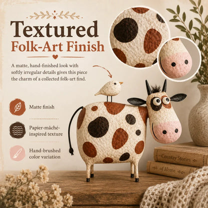 Whimsical Cow & Bird Folk Art Figurine – Rustic Farmhouse Tabletop Decor Gift