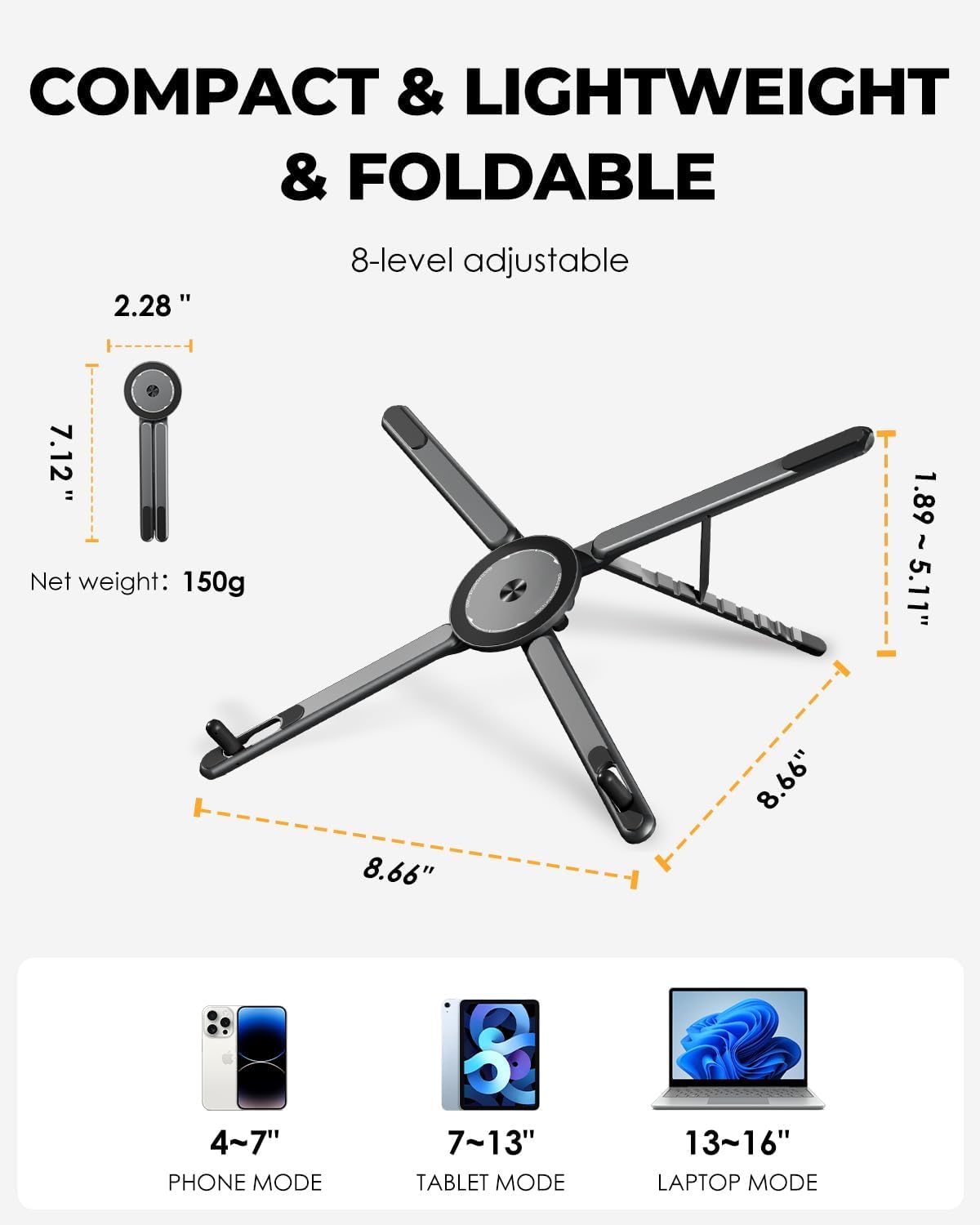 4-in-1 Magnetic Aluminum Device Stand - Portable Foldable Desktop Mount for Phone, Tablet & Laptop