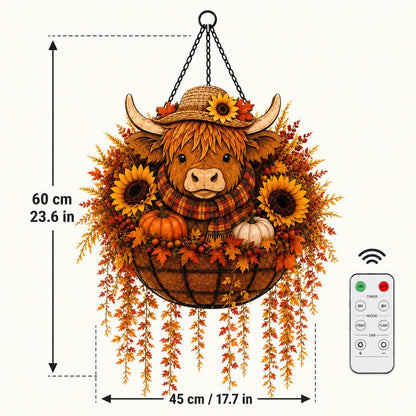 🐮🎃 Highland Cow Fall Hanging Basket with Warm LED Lights – Rustic Autumn Porch Decor & Farmhouse Welcome Accent