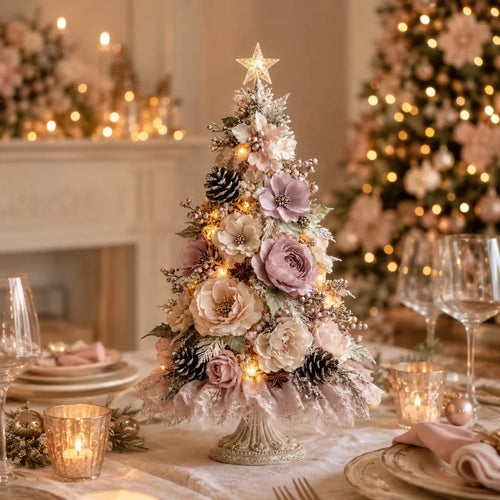 Blush Bloom Pre-Lit Floral Christmas Tree – Cord-Free Tabletop Décor
