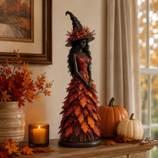 🍂 Vintage Autumn Witch Statue - Layered Leaf Gown Tabletop Decor 🎃