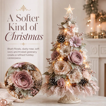 Blush Bloom Pre-Lit Floral Christmas Tree – Cord-Free Tabletop Décor