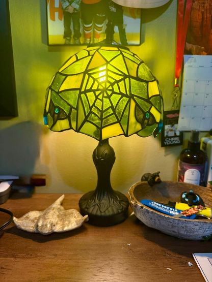 14" Stained Glass Spiderweb Table Lamp - Gothic Halloween Nightlight