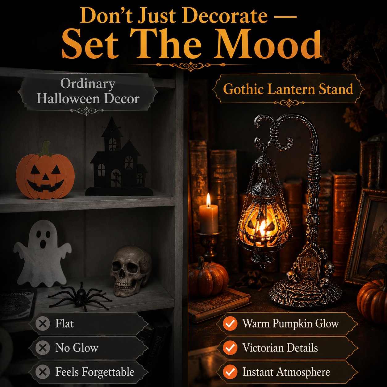 💥🏆 Gothic Pumpkin Lantern Stand | Warm Orange LED Glow, Victorian Skull Details & Haunted Shelf Decor 🕯️