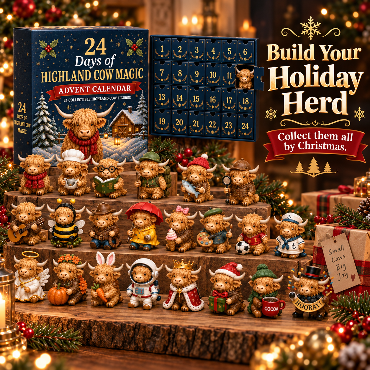 🐮 24 Days of Highland Cow Surprises Advent Calendar – Festive Miniature Herd Set 🎄
