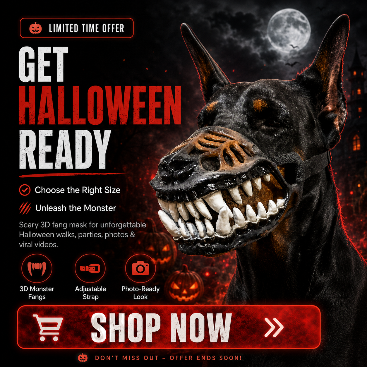 🎃 Realistic 3D Monster Fang Dog Mask – Scary Halloween Pet Costume for Photos, Parties & Night Walks 🐺
