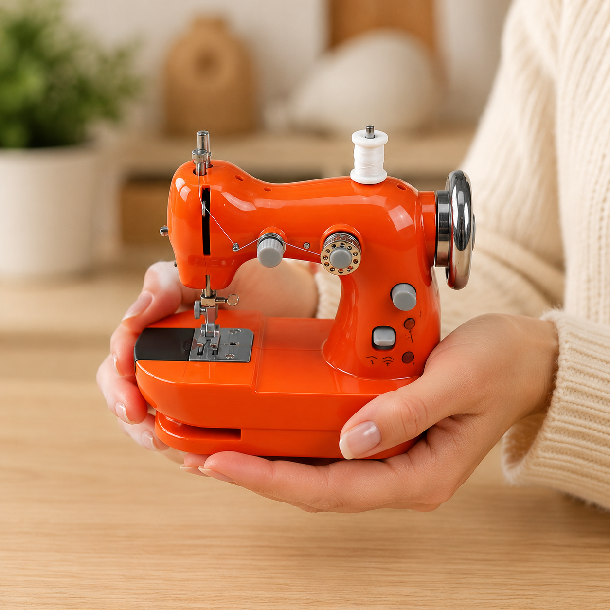 Compact mini sewing machine held in hands
