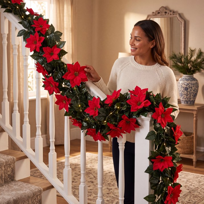 Artificial Christmas Poinsettia Garland with Green Leaves – Flexible Velvet Red Flower Vine for Fireplace, Staircase & Mantel Decor