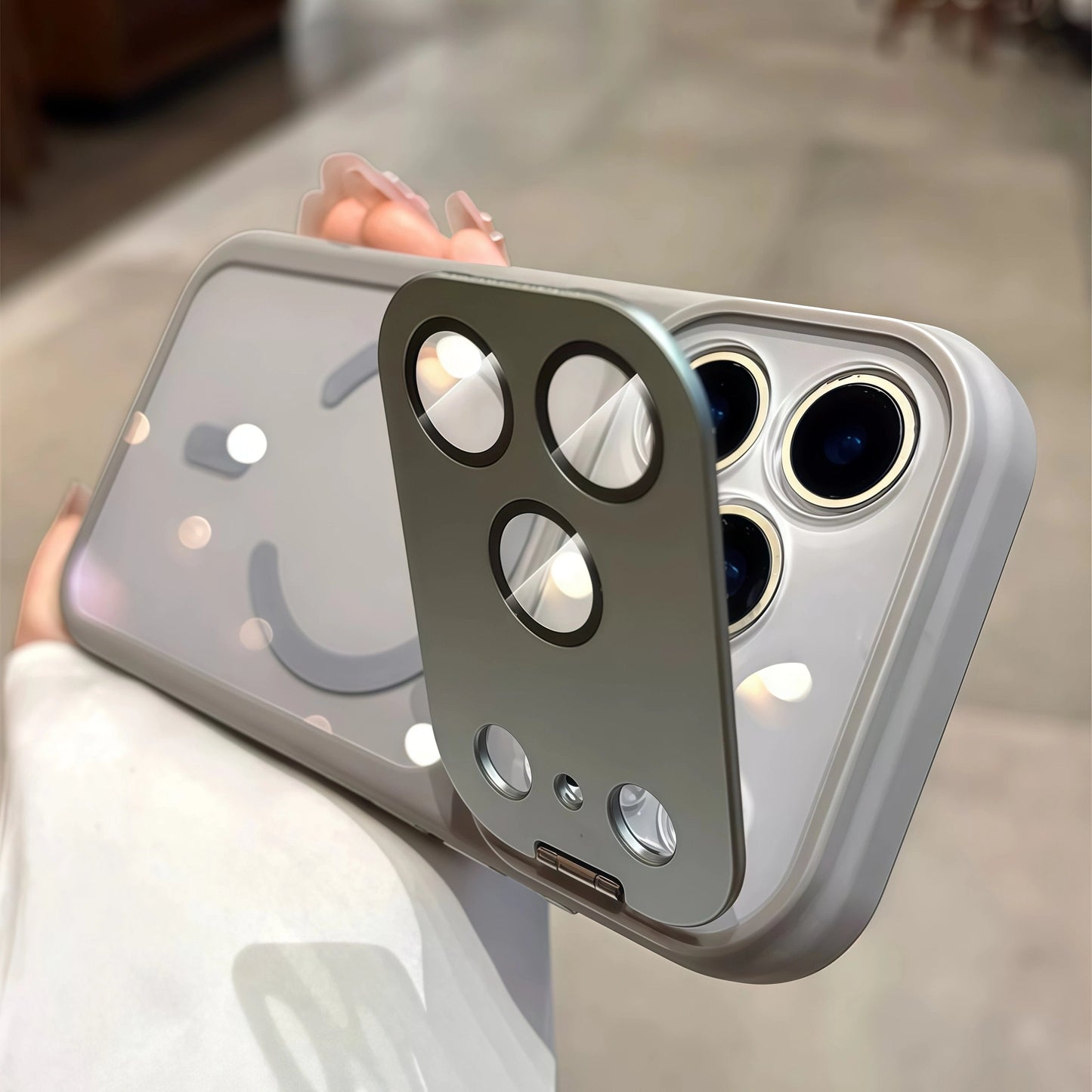 Magnetic case with skin-friendly finish and integrated camera-lens kickstand for iPhone 17 ProMax