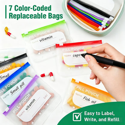 💊A8 Waterproof 14-Pouch Weekly Pill Organizer, Color-Coded Travel Storage for Vitamins & Supplements