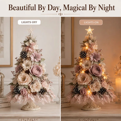 Blush Bloom Pre-Lit Floral Christmas Tree – Cord-Free Tabletop Décor