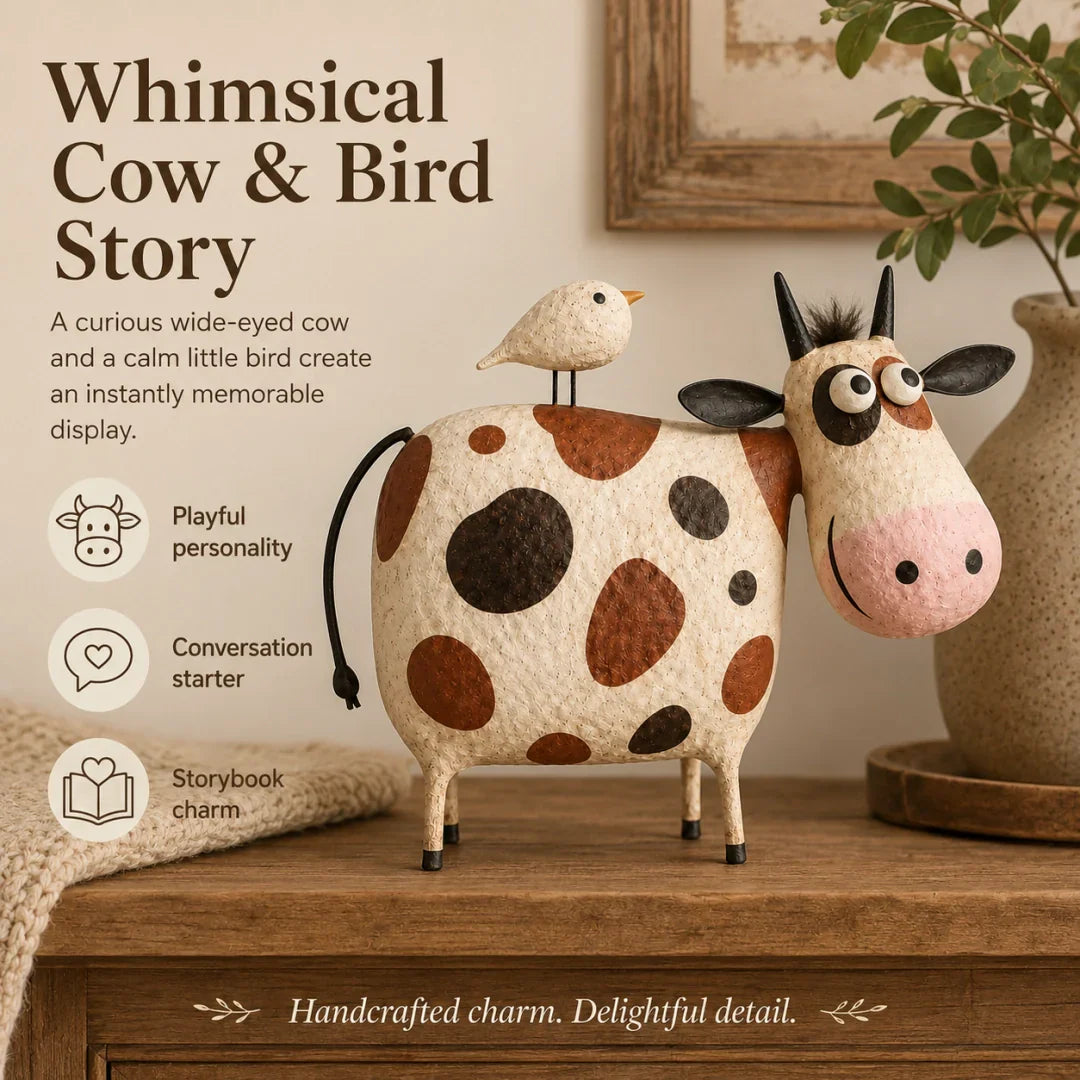 Whimsical Cow & Bird Folk Art Figurine – Rustic Farmhouse Tabletop Decor Gift