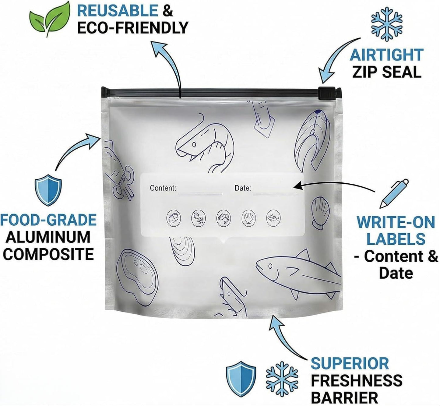🛡️🥬 Reusable thickened upright aluminum foil sealing storage bags with labels