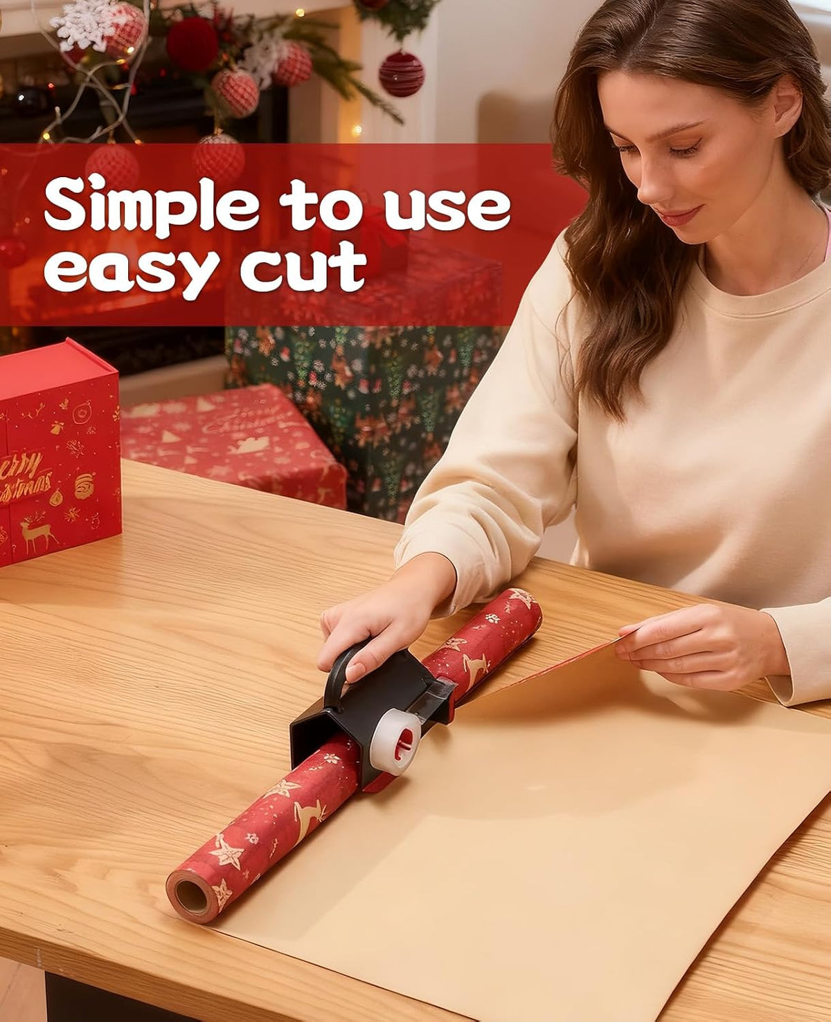 Wrapping paper cutter in use