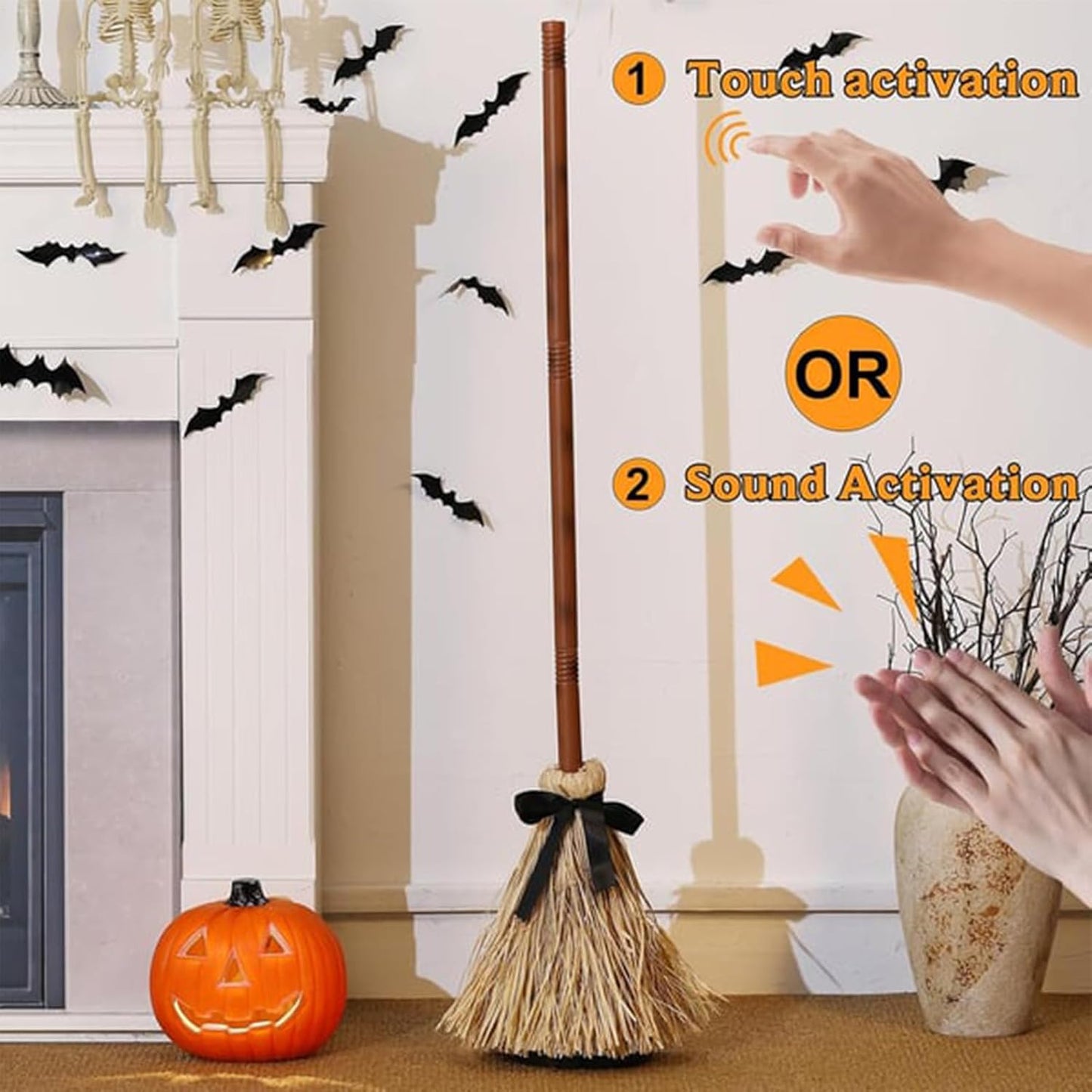 Animated Floating Witch Broom Halloween Prop | Touch & Sound Activated Levitating Tabletop Decor