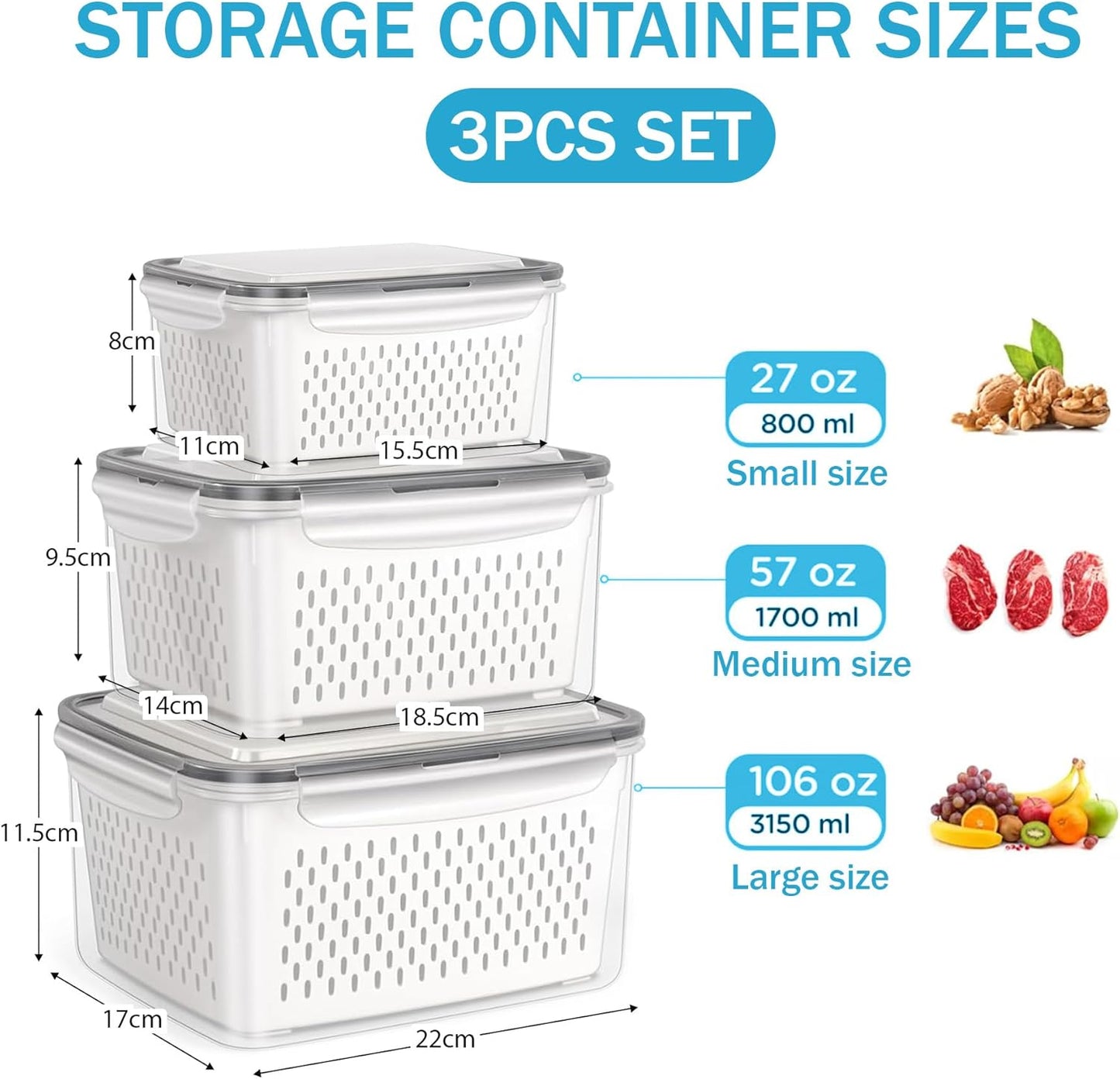 🍓3PCS Contenedores Herméticos para Alimentos con Colador Removible💧