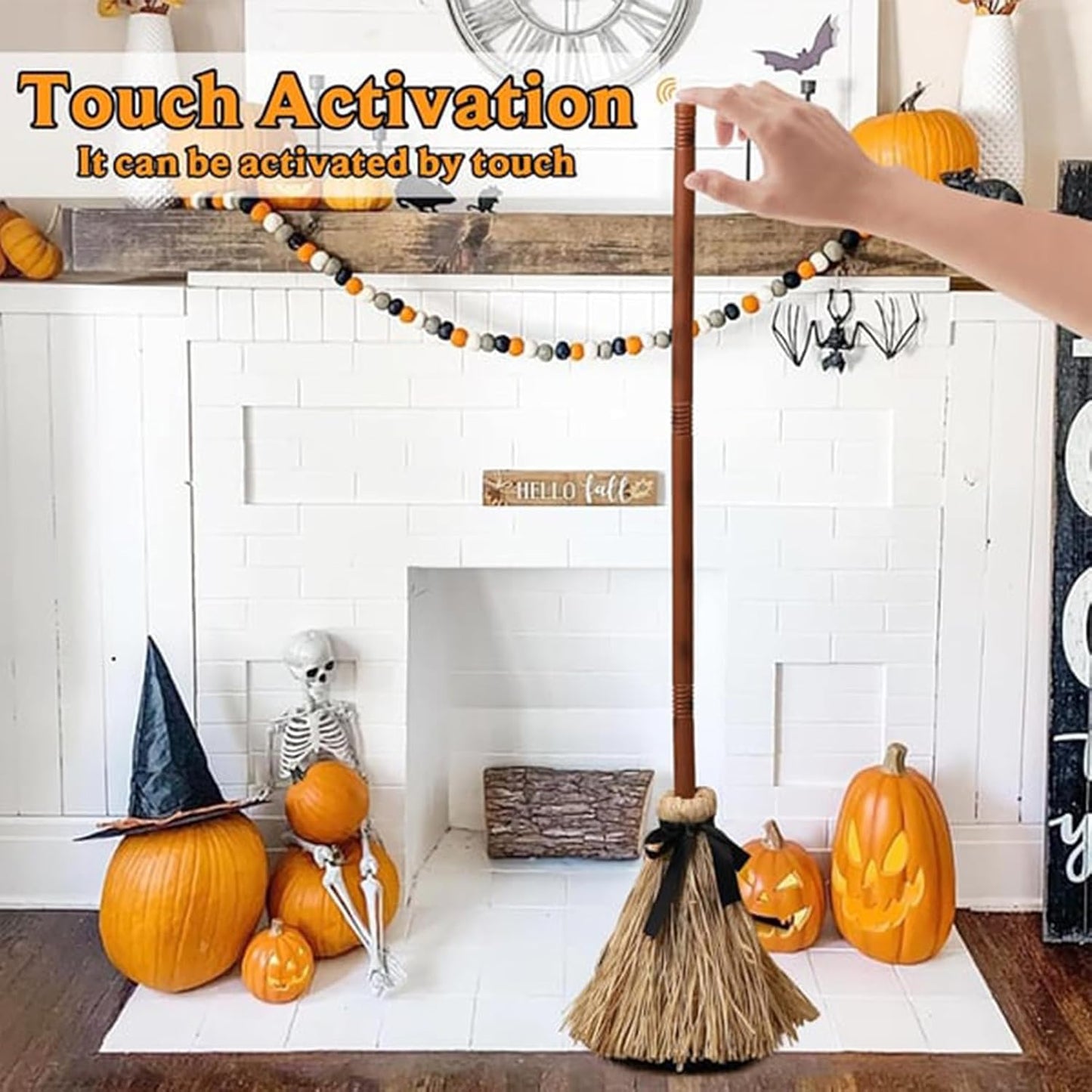 Animated Floating Witch Broom Halloween Prop | Touch & Sound Activated Levitating Tabletop Decor